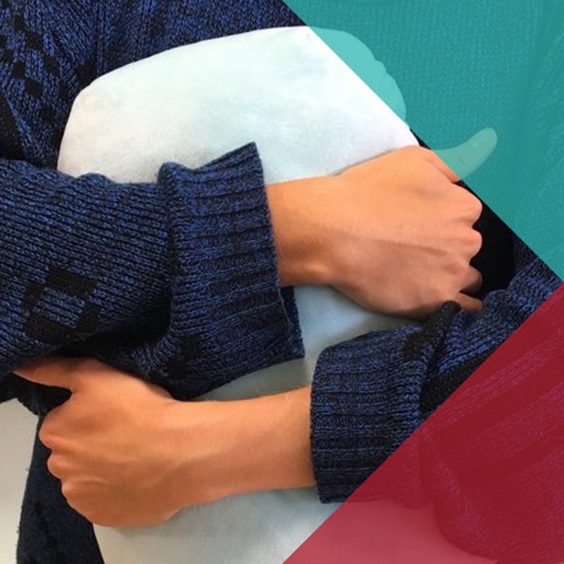 A close up photograph of someone holding a soft robotic pillow to their chest