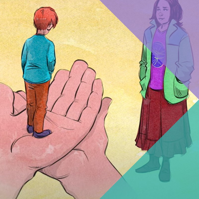 An illustration of a woman stood before a small child turned away with their head bowed stood upon a giant pair of hands