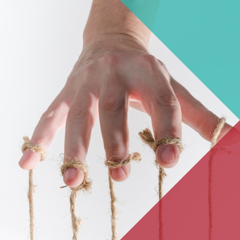 A hand controlling five puppet strings tied to it