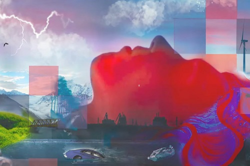 artistic representation of climate change. Silhouette of women's head with windfarms, nuclear power stations, mountain tops, lightening and forests in the background.