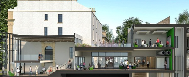 A drawing of an open building with people inside