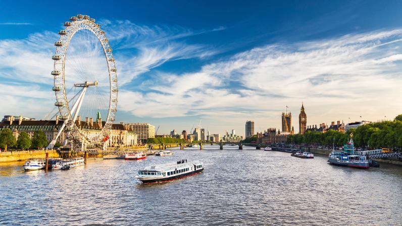 An image of the River Thames, Millennium Wheel, Houses of Parliament and boats