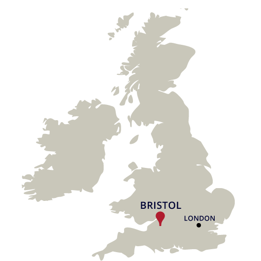 A map of Ireland and the United Kingdom, with markers showing the locations of Bristol and London.