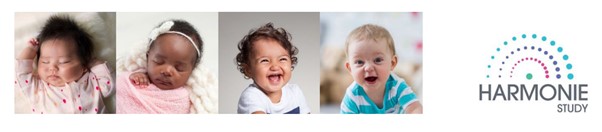 harmony study logo - banner. 4 babies and a rainbow over 