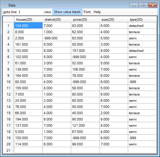 Data window after pasting with missing codes.