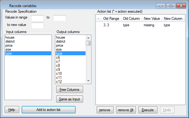 Completed recode window after pasting with missing