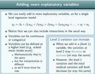 Slide showing an example of a random intercept model with more explanatory variables with equation u_ij = beta_0 + beta_1 x_1ij + beta_2 x_2ij + beta_3 x_3ij + beta_4 x_2ij x_3ij + … + u_j +e_ij