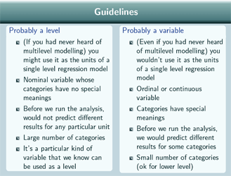 List of guidelines as to when something is a level or a variable which are explained in the text below
