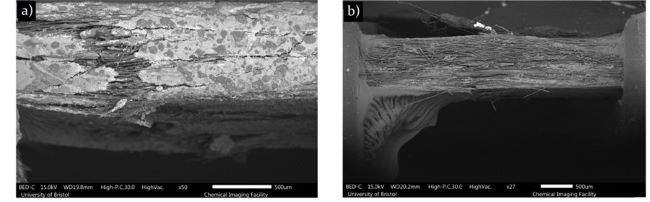 SEM imaging of test samples illustrating; a) linear delamination, b) sample deformation resulting from buckling