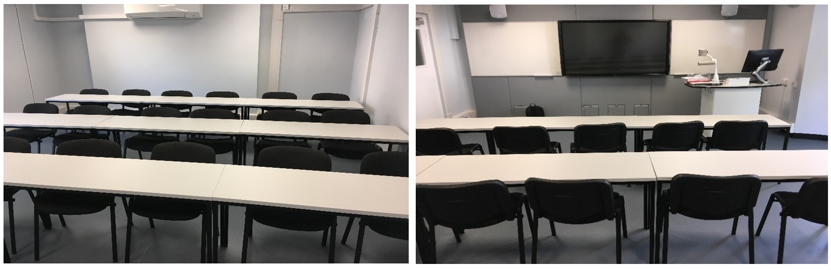 Rows of chairs and tables facing the teaching wall.
