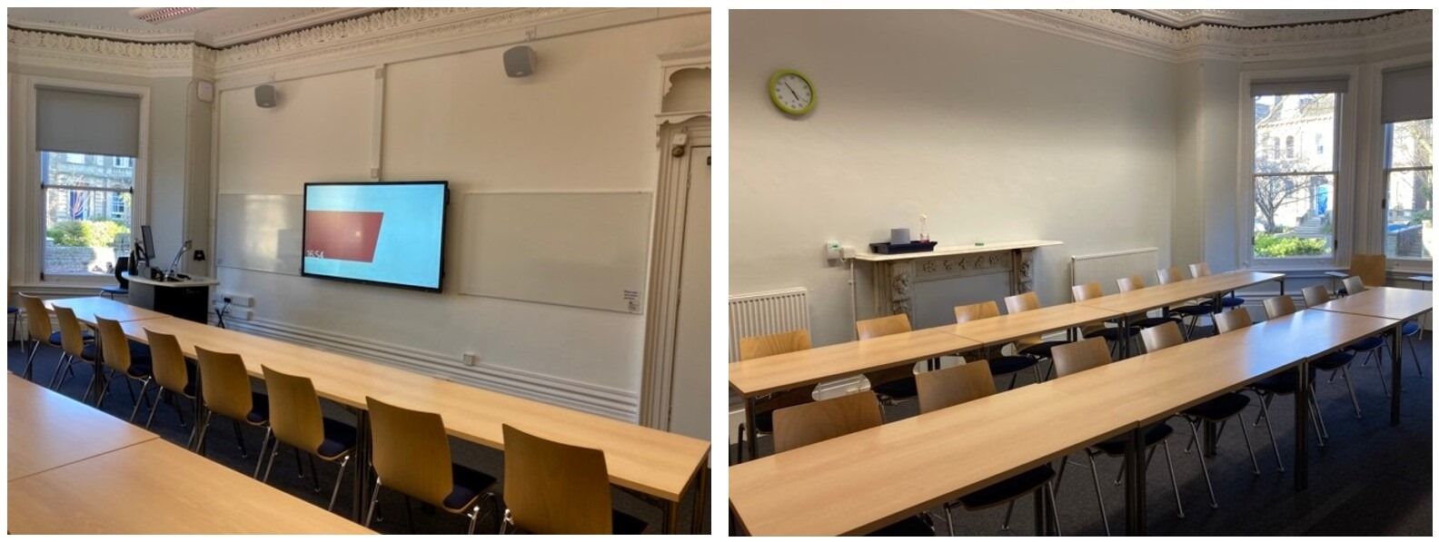 Rows of chairs and tables facing the teaching wall.