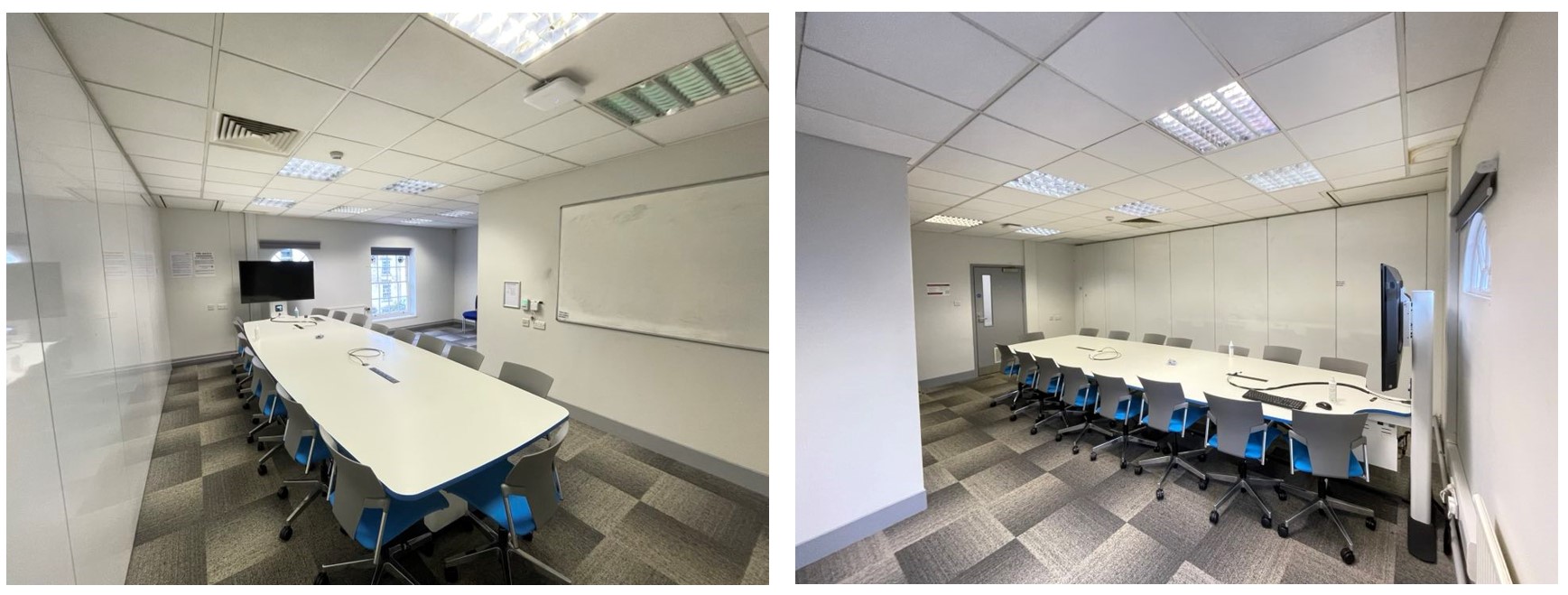 Chairs placed around a large collaboration table.