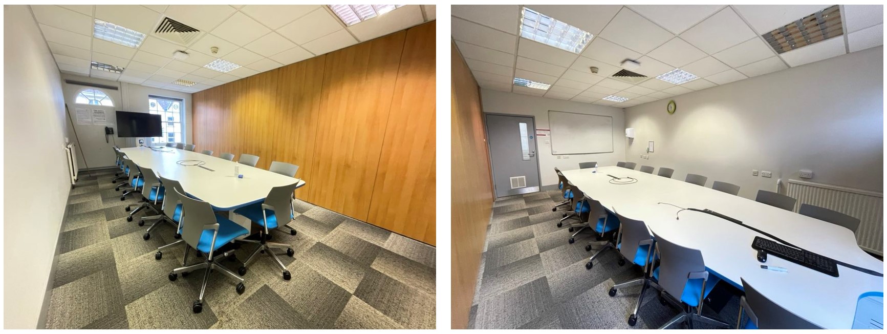 Chairs placed around a large collaboration table.