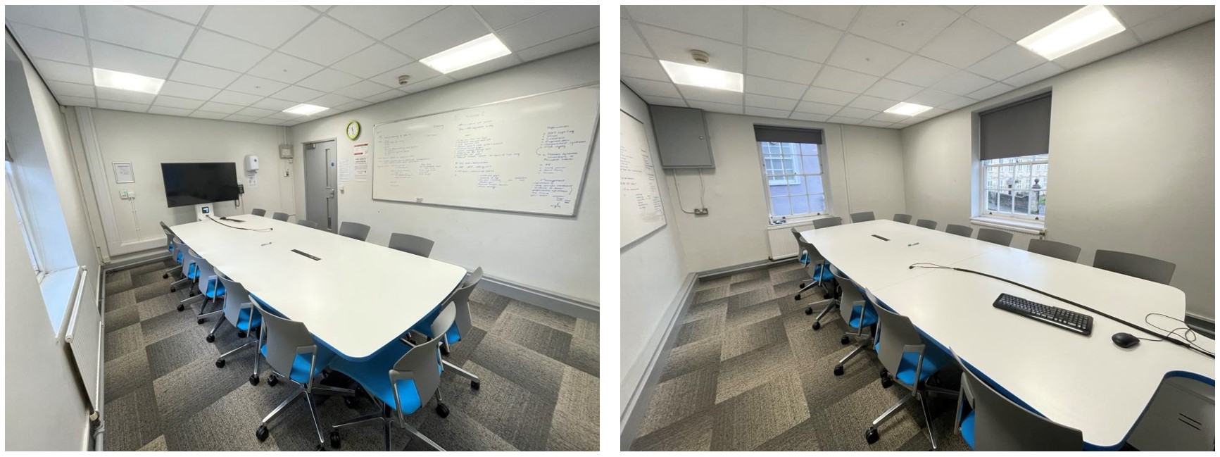 Chairs placed around a large collaboration table.