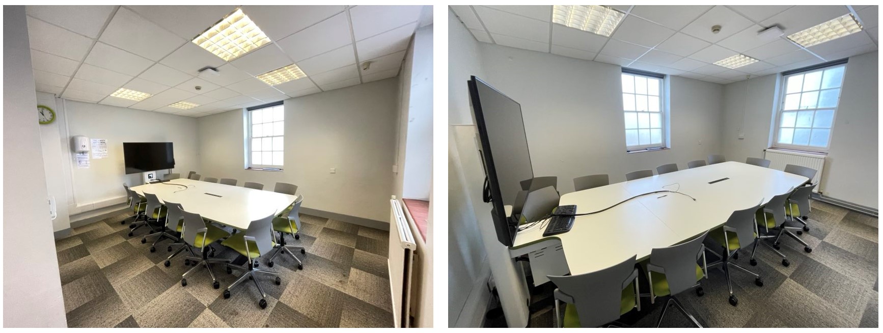 Chairs placed around a large collaboration table.