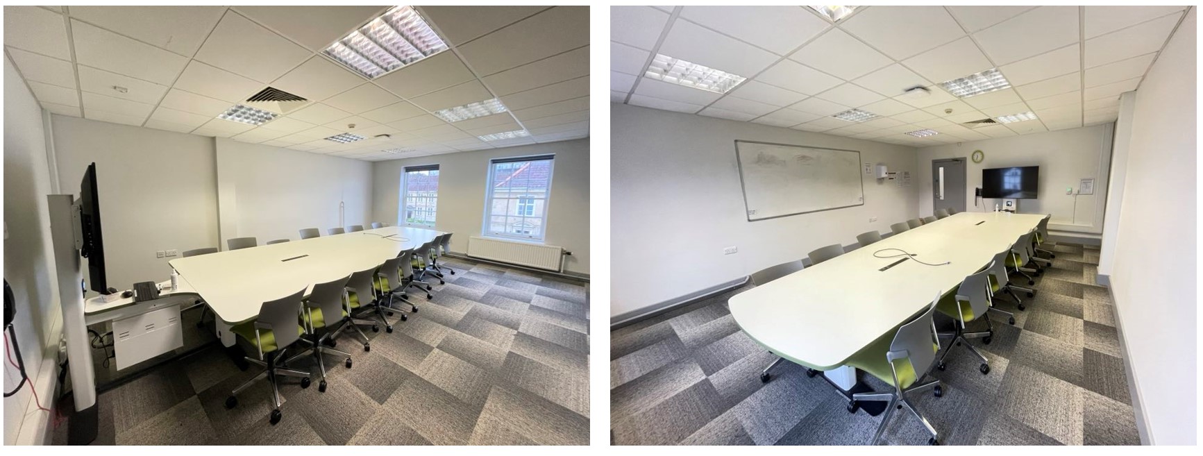 Chairs placed around a large collaboration table.
