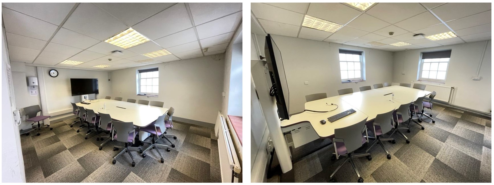 Chairs placed around a large collaboration table.