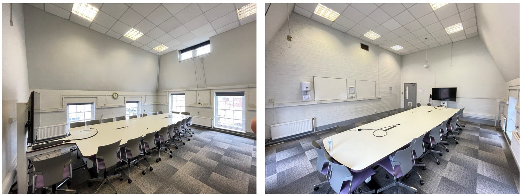 Chairs placed around a large collaboration table.