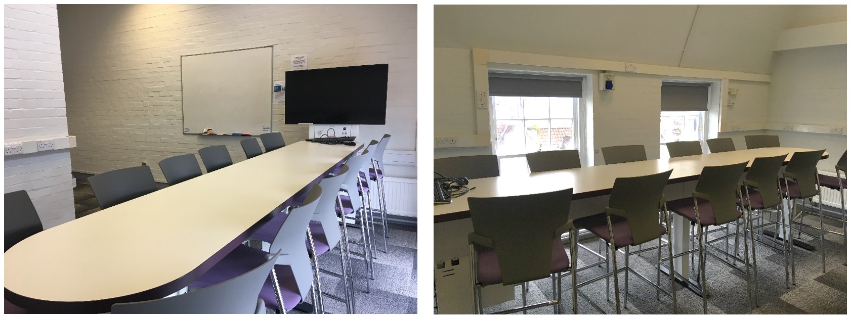 Chairs placed around a large collaboration table.
