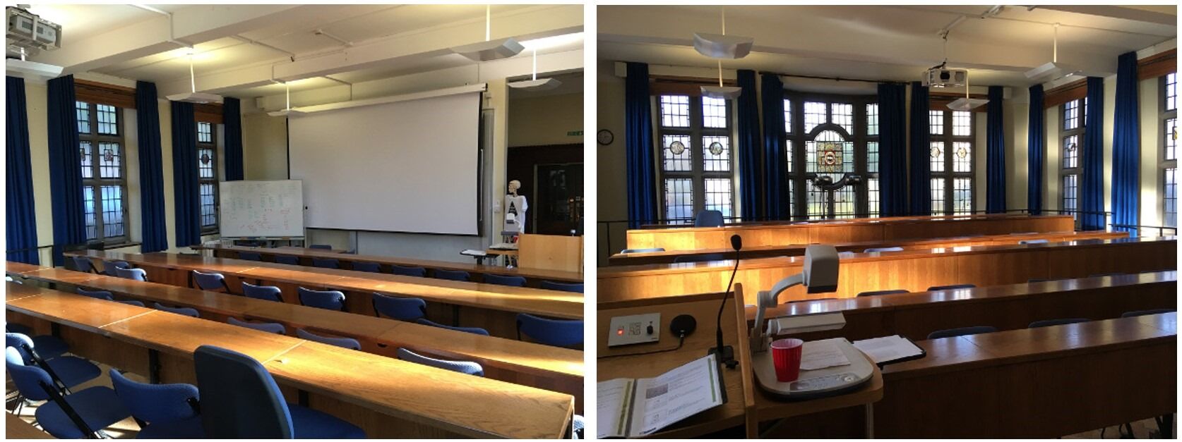 Rows of fixed seats facing teaching wall in lecture theatre.