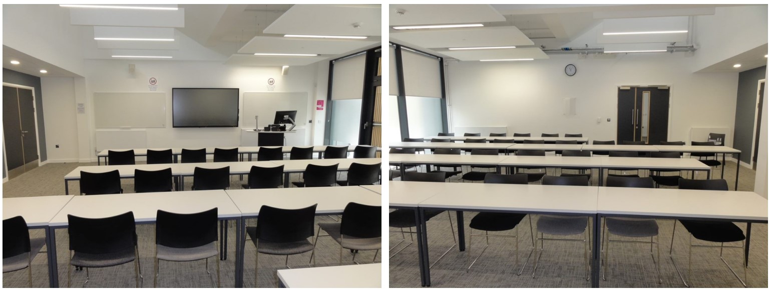 Rows of tables and chairs facing the teaching wall