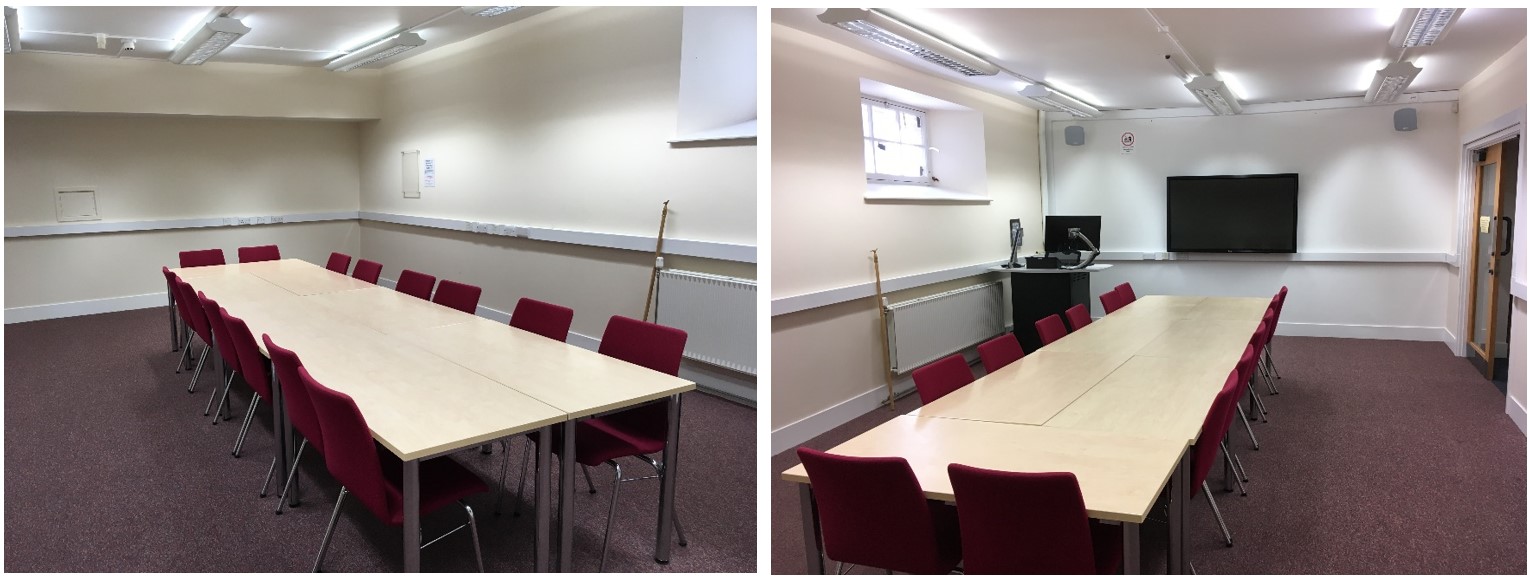 Tables set up in a conference style set up