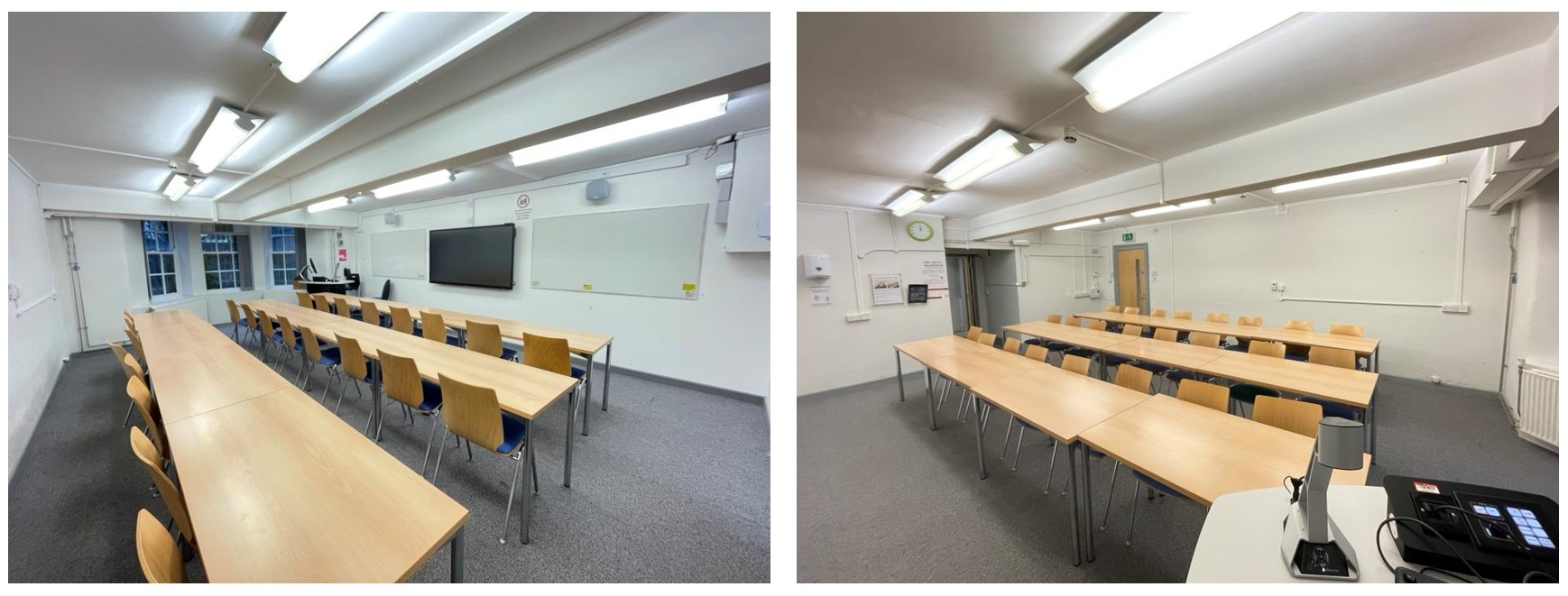 Rows of tables and chairs facing the teaching wall