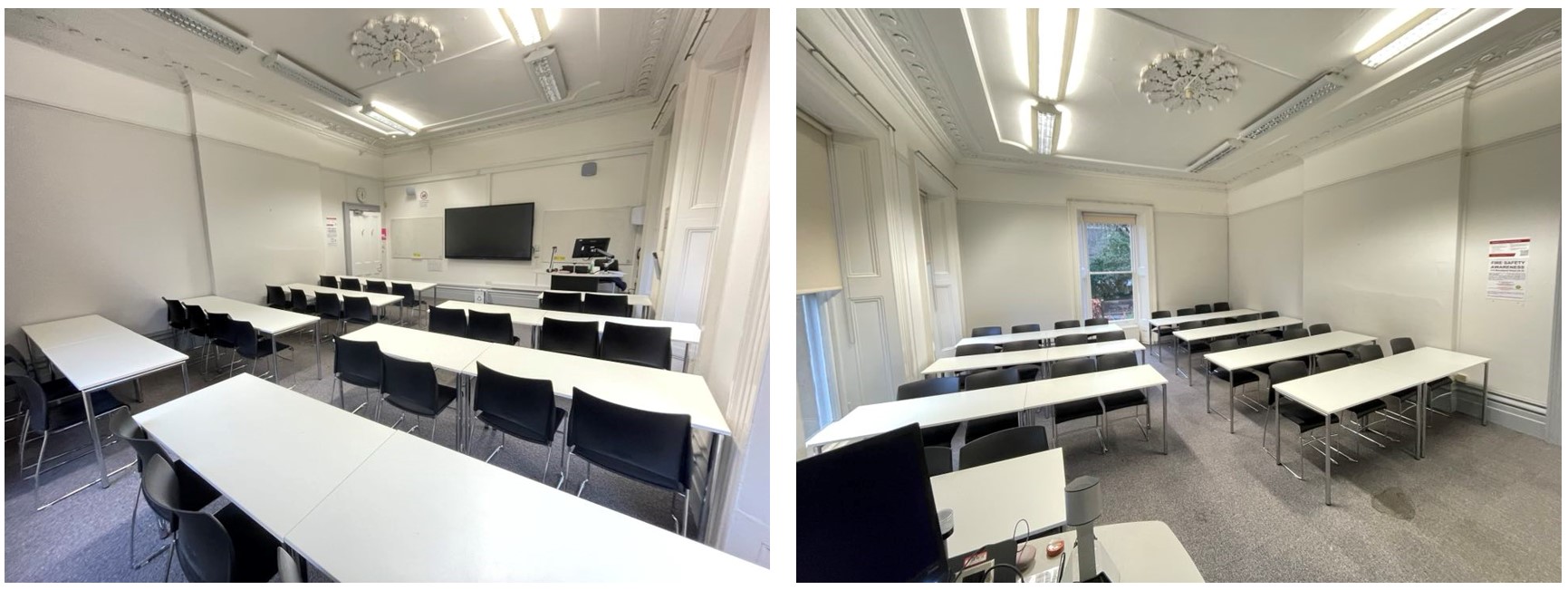 Rows of tables and chairs facing the teaching wall