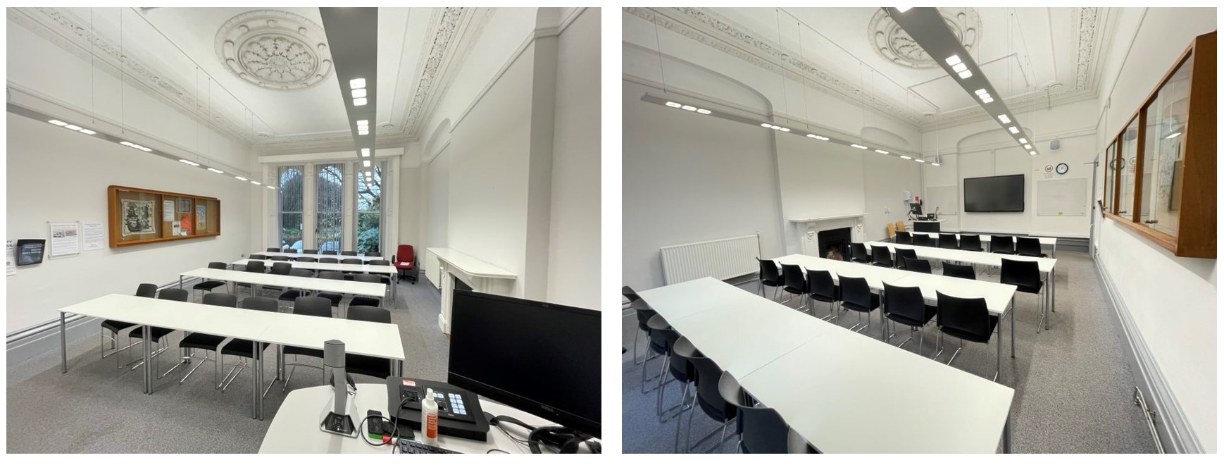Rows of tables and chairs facing the teaching wall