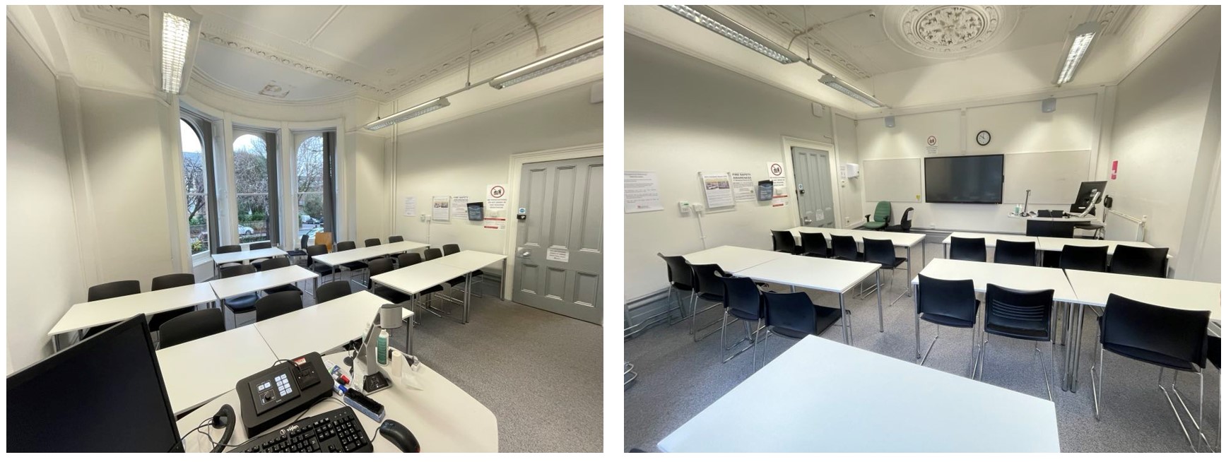 Rows of tables and chairs facing the teaching wall