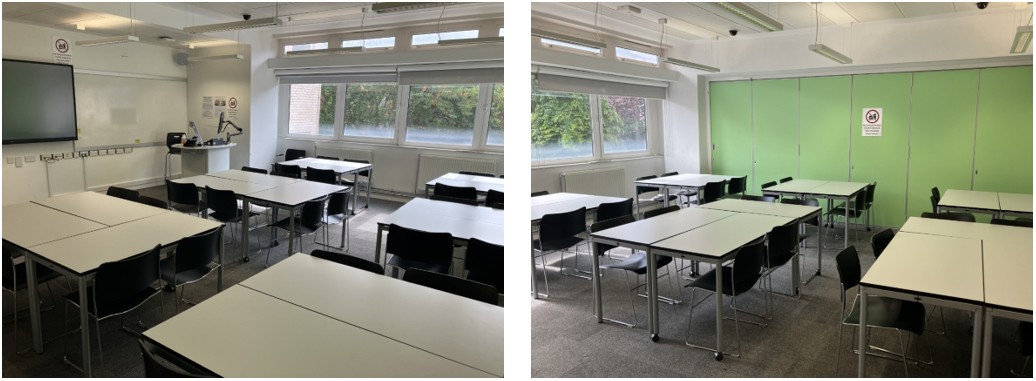 Chairs and tables in small groups around the room. The room has whiteboards fixed to the walls. The floor is carpeted.