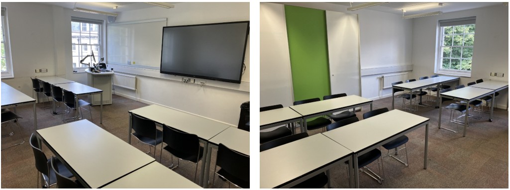 Chairs and tables in small groups around the room. The room has whiteboards fixed to the walls. The floor is carpeted.