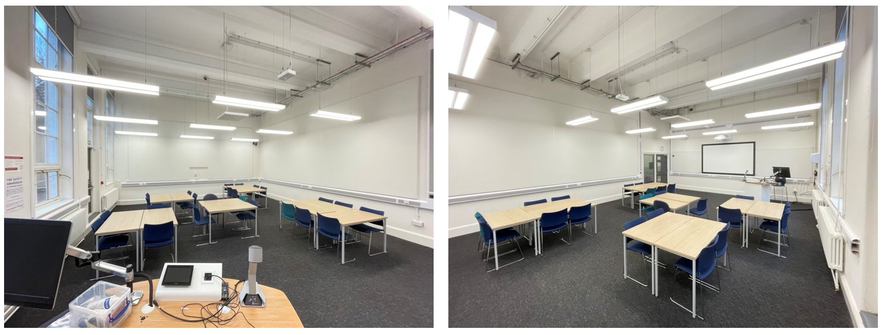 Photos showing rows of desks and chairs