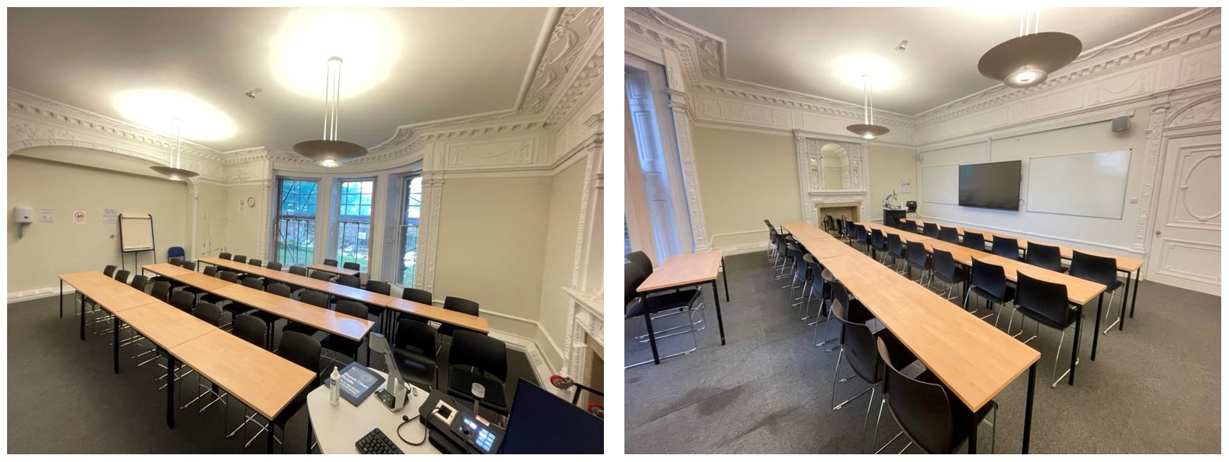 Rows of tables and chairs facing the teaching wall