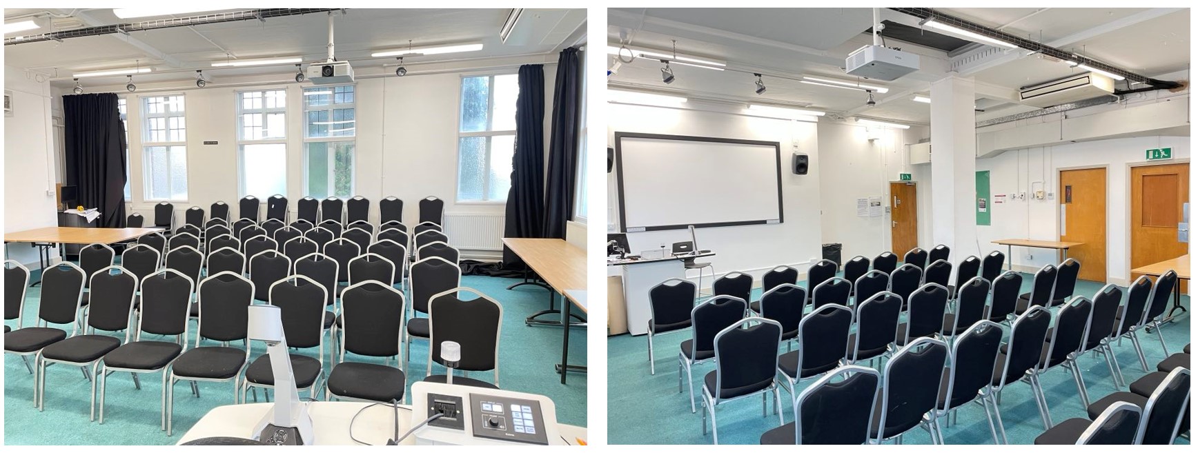 Chairs in rows facing the teaching wall.
