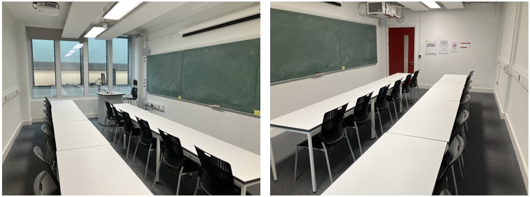 Tiered seats in rows facing the teaching wall.
