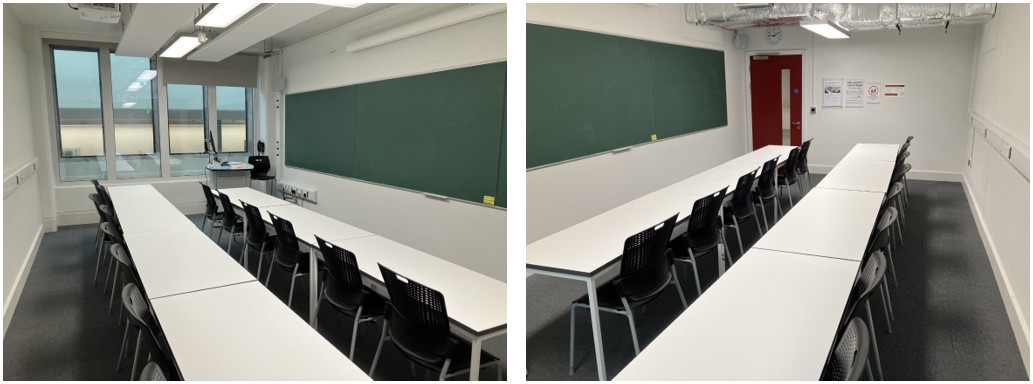 Tables and chairs in rows facing the teaching wall.