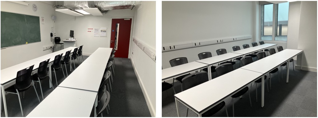 Tables and chairs in rows facing the teaching wall.