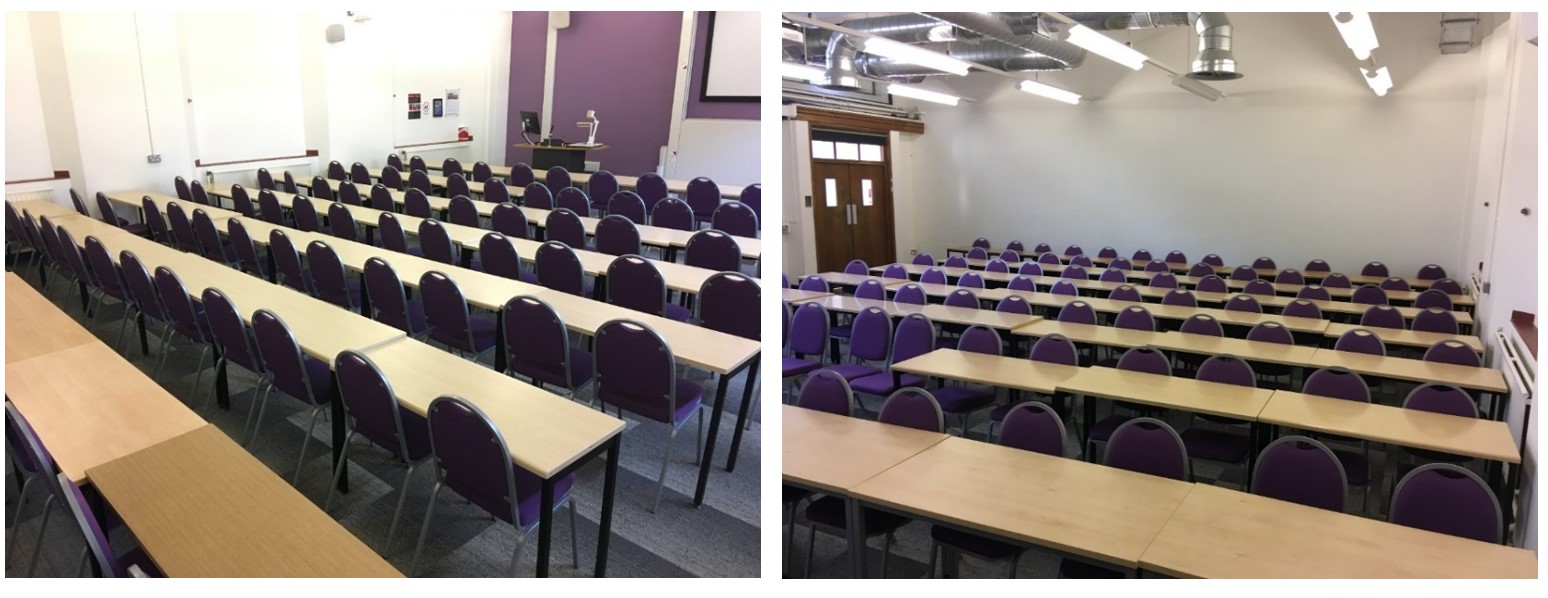 Rows of chairs and tables facing the teaching wall.