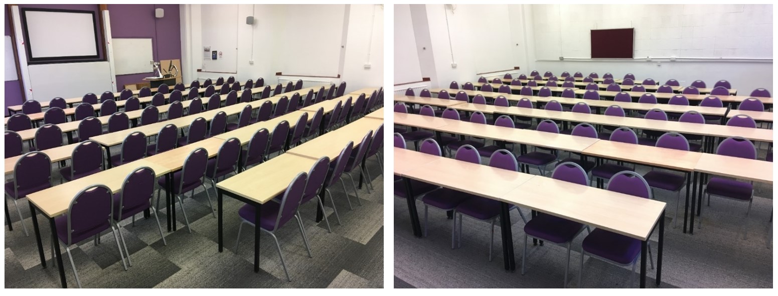 Rows of chairs and tables facing the teaching wall.