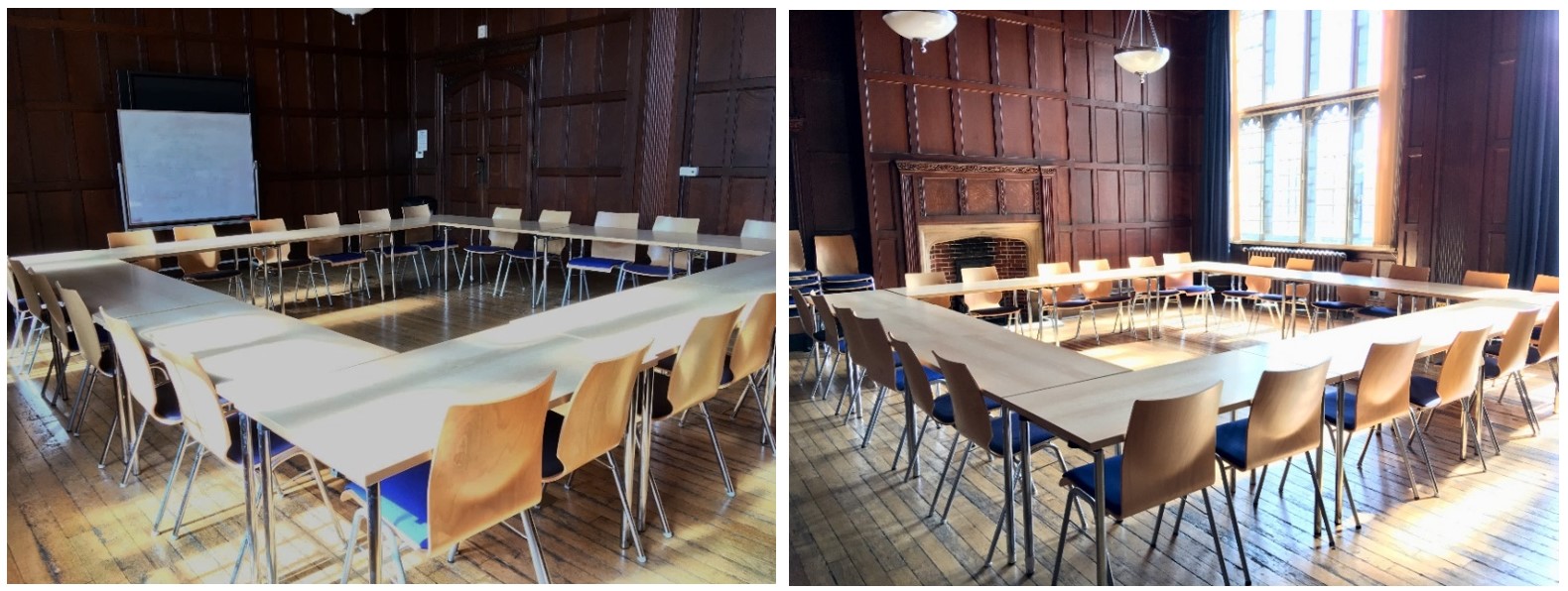 Rows of chairs and tables facing the teaching wall.