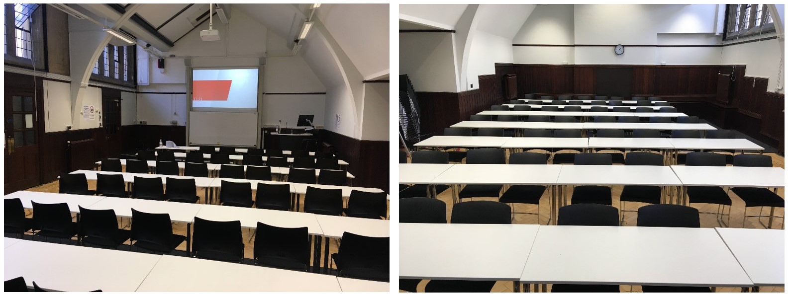Large space with rows of chairs facing the front of the room.