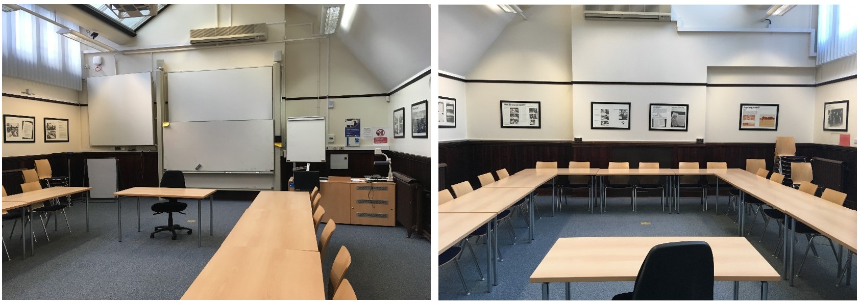 Rows of chairs and tables facing the teaching wall.