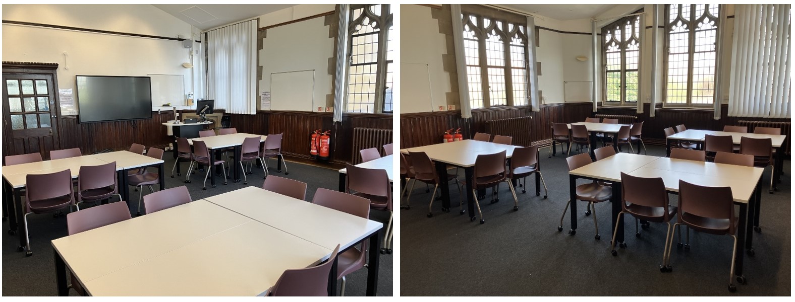 Chairs and tables facing the teaching wall.
