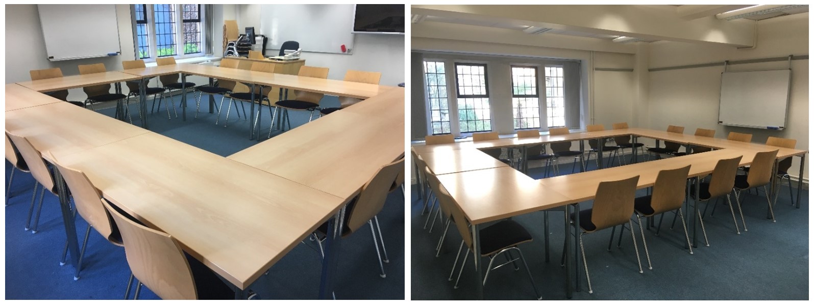 Chairs and tables facing the teaching wall.