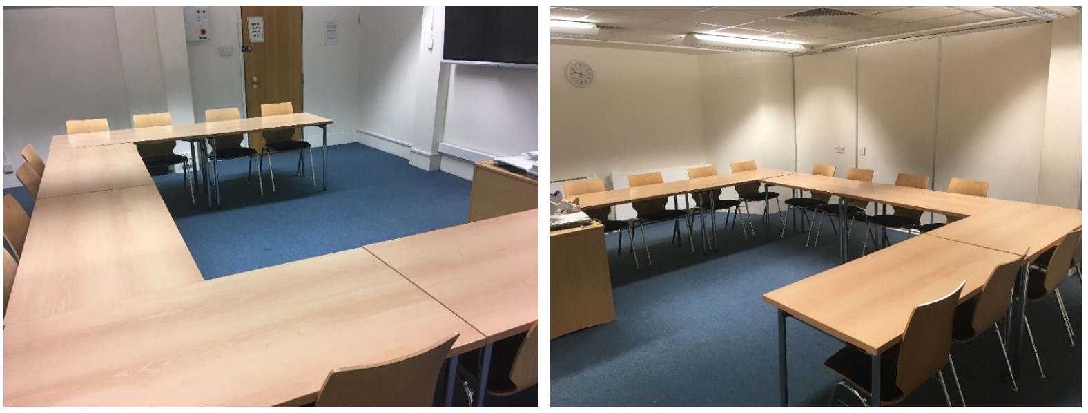 Chairs and tables facing the teaching wall.