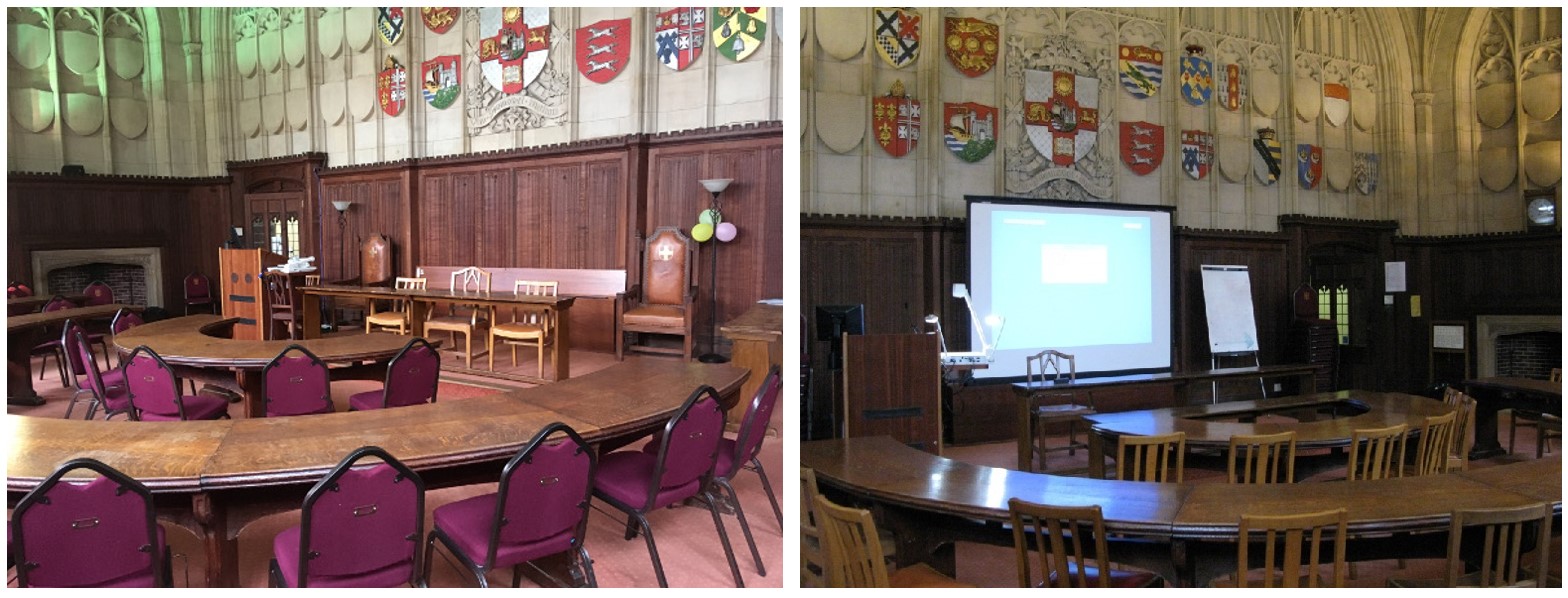 Rows of chairs and tables facing the teaching wall.