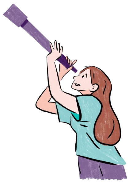 a cartoon of a white woman with brown hair looking through a telescope