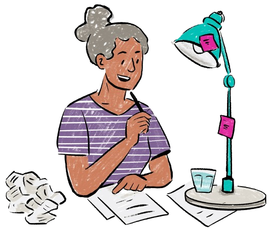 A cartoon woman writing on paper
