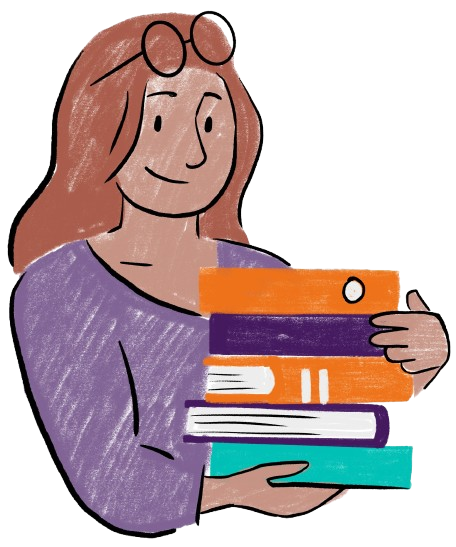 a femme presenting person with brown skin and light brown hair holding a pile of books.